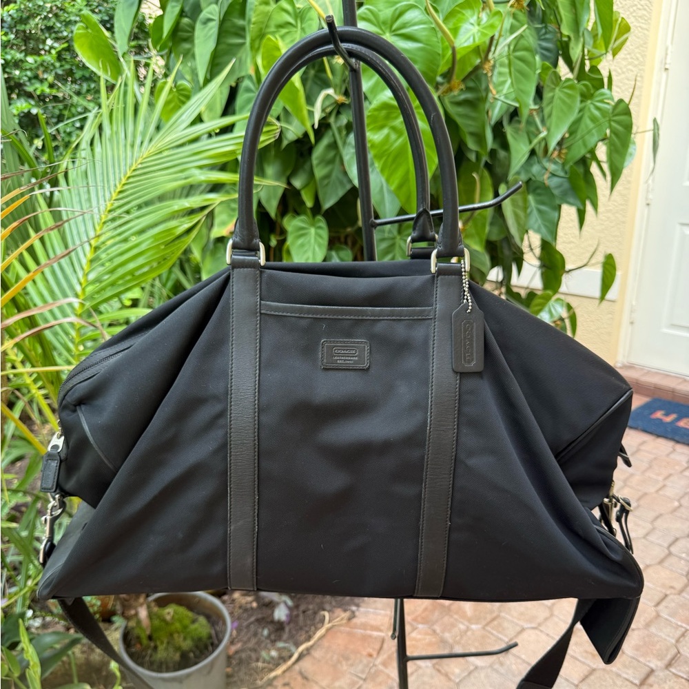 Coach Black Canvas Leather Trim Carry On Shoulder Duffel Bag Tote